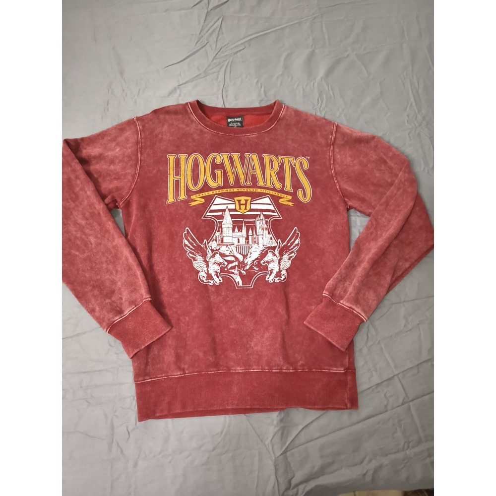 Harry Potter Hogwarts Acid Wash Crewneck Sweatshirt Red Spellout Graphic Small